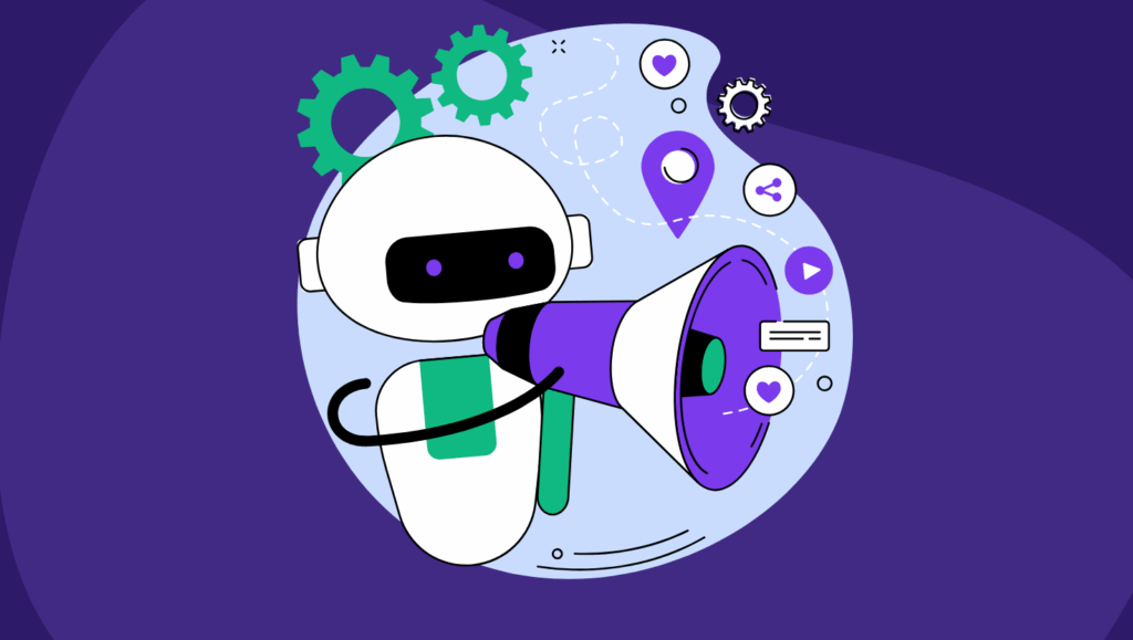 Illustration of an AI agent holding a megaphone, surrounded by icons representing content creation, data analytics, and automation—symbolising AI agents’ role in automated content creation and AI-driven insights.