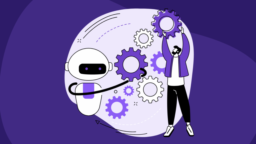 Illustration of a human and robot collaborating to move gears, representing an AI strategies for media companies focused on automation and teamwork.