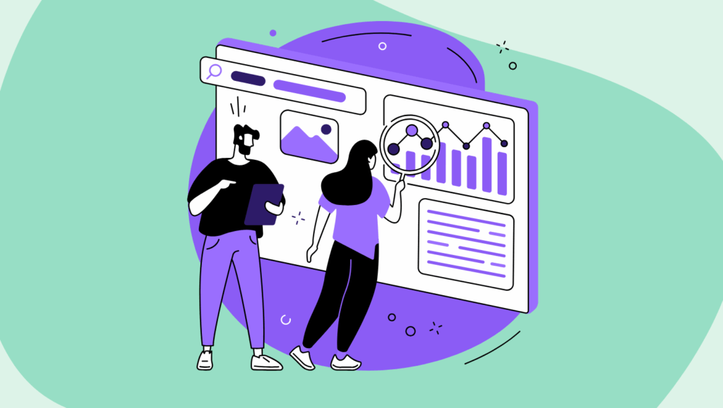 Illustration of two media professionals analysing AI-powered content performance on a dashboard, including bar and line graphs, symbolising how AI-based content generation helps media companies drive productivity and monetisation.