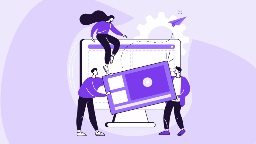 Illustration of a digital team designing interactive content for a website, representing the process of using interactive content to improve website engagement.