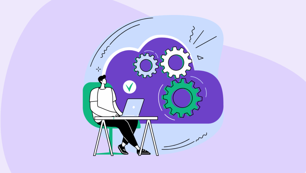 Illustration of a person using a laptop with large gears and a cloud in the background, symbolising how AI content innovation for publishers simplifies workflows through automation and no-code tools.