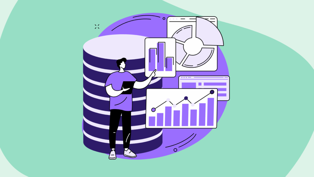 Illustration of a person analysing data charts and graphs, representing a reader revenue strategy powered by analytics and AI in media companies.