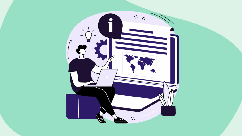 Illustration of a publisher analysing global content trends on a laptop, symbolising the AI impact on publishers and the future of digital media strategy.