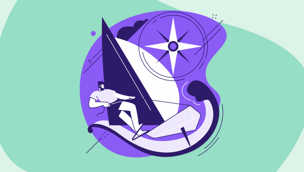 Illustration of a publisher navigating a sailboat with a compass, symbolising how companies are navigating the rise of AI in the media industry.