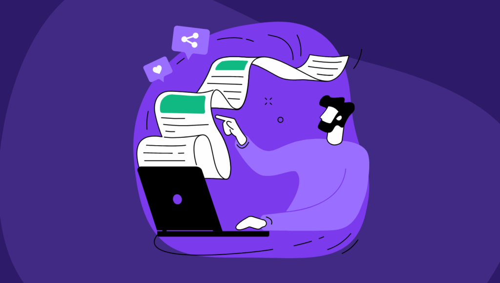 Illustration of a publisher using AI tools to generate and share content from a laptop, with documents and engagement icons floating around.