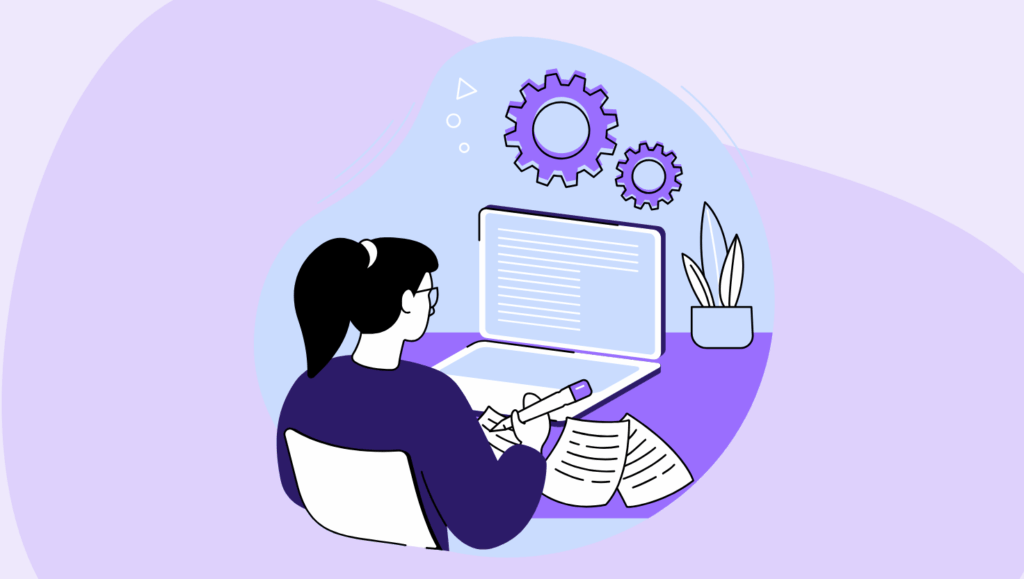 An illustration of a woman with glasses and a ponytail sitting at a desk, writing on paper while looking at a laptop screen. Two purple gears float above the laptop, symbolizing automation or AI support. The scene is surrounded by soft purple and blue tones, suggesting a blend of technology and human creativity in the content creation process.