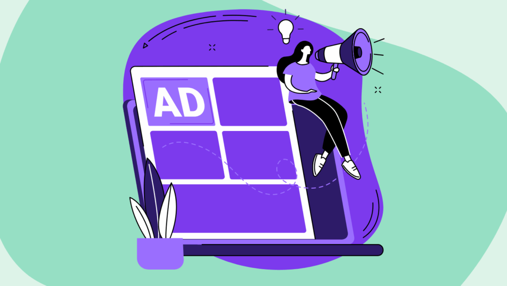 A stylized illustration of a woman sitting on the edge of a large digital grid labeled "AD", holding a megaphone to symbolize announcement or promotion. A lightbulb above her head suggests a new idea. The grid resembles a digital advertising layout, while a plant at the bottom left adds a casual, modern touch. The background features soft mint and purple tones. The visual represents the shift in digital advertising strategies by publishers.