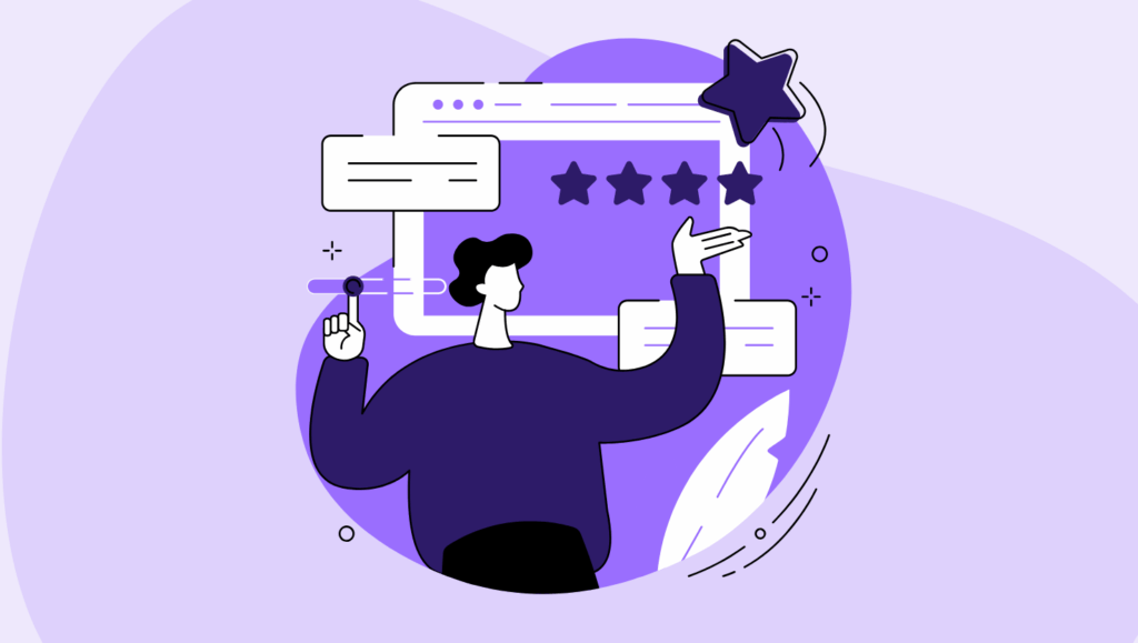 An illustration of a person standing in front of a digital screen displaying a five-star rating system, with one large star floating upward. The person interacts with multiple floating content blocks, symbolizing reviews or summaries. The purple-toned background and interface elements represent enhanced reader experiences through AI-powered summarization and content curation.