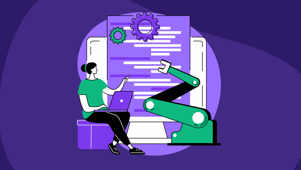 An illustration shows a person with a laptop sitting beside a robotic arm, both interacting with a large digital document filled with lines of text. Two gear icons float above the document, symbolizing automation and AI. The background features deep purple tones, representing the intersection of journalism, SEO, and large language models (LLMs).