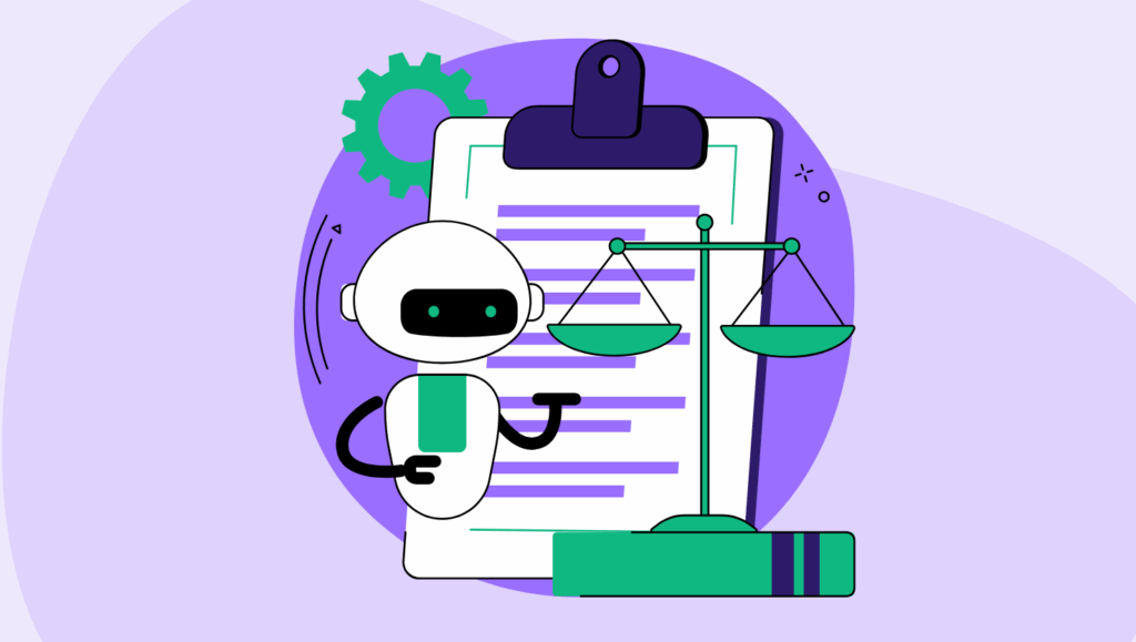 An illustration depicting AI regulation. A friendly robot stands next to a clipboard with a document, a green book, and balanced legal scales, symbolizing fairness and compliance. Behind the robot is a large gear, representing technology. The background uses purple and lavender tones, emphasizing the theme of the EU AI Act and its role in guiding responsible AI use.