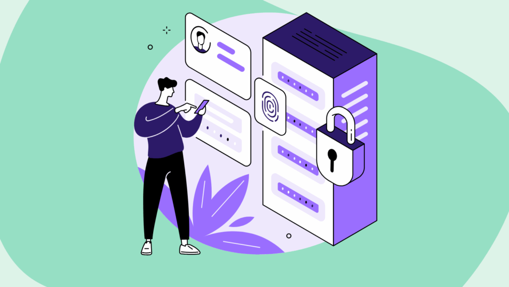 An illustration of a person using a smartphone while standing next to a large server stack. The server has login fields and authentication icons displayed on it, including a fingerprint symbol. A large padlock is attached to the server, symbolizing data protection and security. Floating panels with profile icons and credentials appear around the person, representing user data. The background uses mint green and lavender tones, emphasizing themes of privacy, first-party data, and secure access in the digital era.