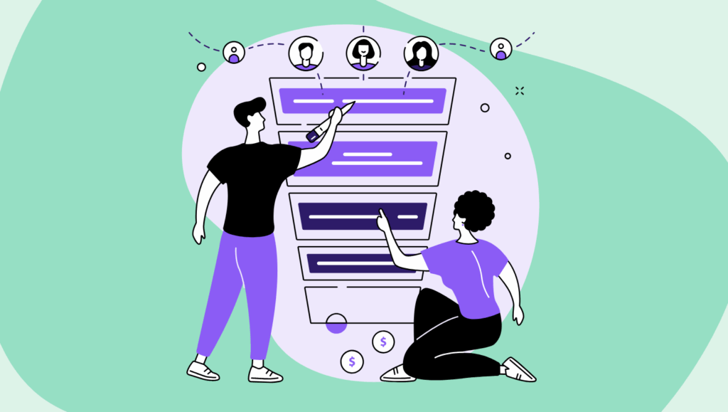 An illustration of two people interacting with a large sales funnel diagram. The funnel has multiple purple sections stacked from top to bottom, symbolizing different stages of engagement. Above the funnel are circular icons representing people (leads), and at the bottom are coins with dollar signs, representing revenue. One person stands pointing at the top of the funnel with a marker, while the other kneels, pointing at the middle section. The background is mint green with abstract shapes, representing the process of turning engagement into pipeline and ROI.