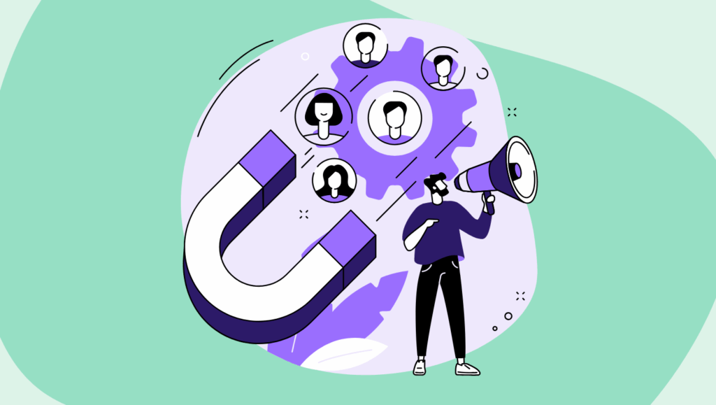 Illustration of a marketer holding a megaphone next to a large purple horseshoe magnet, symbolizing lead generation. Above the magnet, a large gear with profile icons of people inside it represents audience targeting and engagement. The background is light green with abstract shapes, reinforcing the theme of attracting and converting leads. Would you like me to also create extended descriptions (more detailed than alt text, for screen readers and accessibility compliance), like I did for your video earlier? Those are useful when the visuals have layered meaning (e.g., funnel diagrams, multi-step processes).