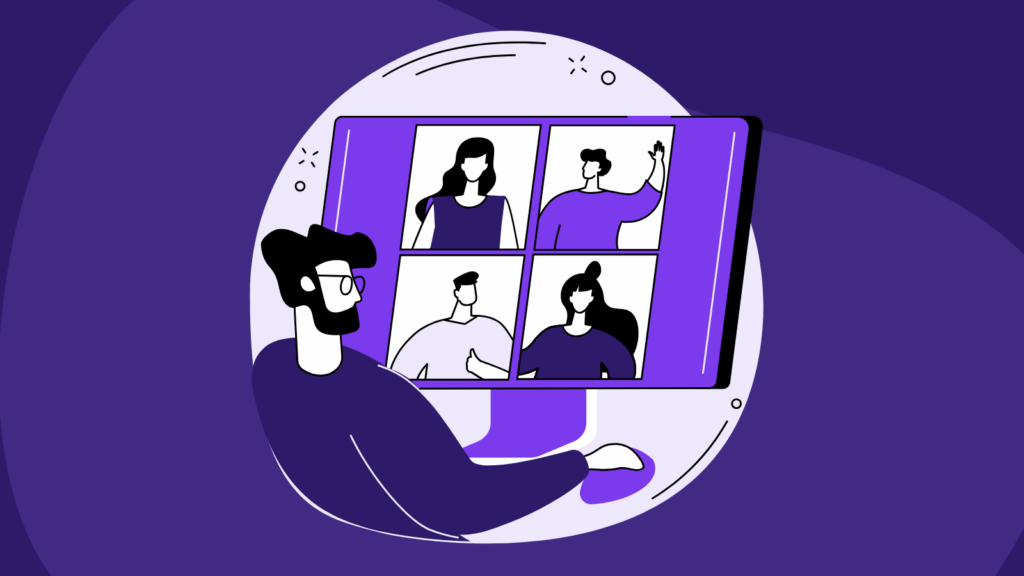 Illustration of a man attending a virtual meeting on his computer. The screen displays four participants arranged in a grid layout, each appearing in their own video window, two men and two women, engaging in conversation or gestures. The background features a dark purple and lavender color palette, symbolizing hybrid or remote collaboration.