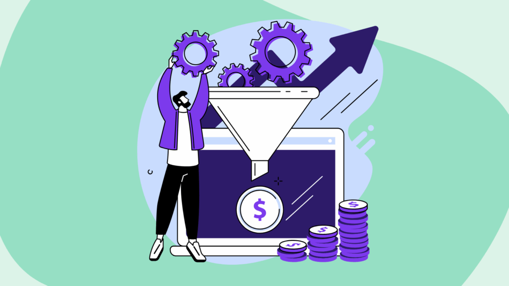 How to Turn Attendee Insights into Personalized Outreach that Converts Illustration of a person placing gears into a funnel above a laptop screen, symbolising the process of converting attendee insights into personalised outreach. Coins and upward arrows represent revenue growth and improved ROI, highlighting how targeted strategies turn event data into measurable business results.