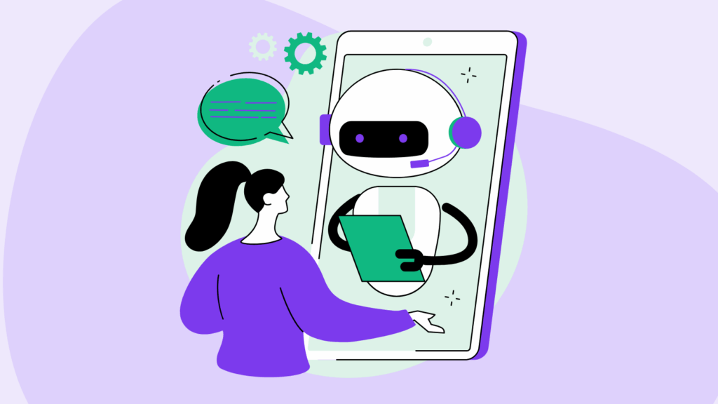 Illustration of a woman interacting with an AI chatbot displayed on a large smartphone screen. The robot has a friendly appearance with a headset and speech bubble, holding a green tablet while communicating with the woman. Background elements include gears and soft pastel gradients in green and lavender, symbolizing automation, conversation, and intelligent event assistance powered by AI.