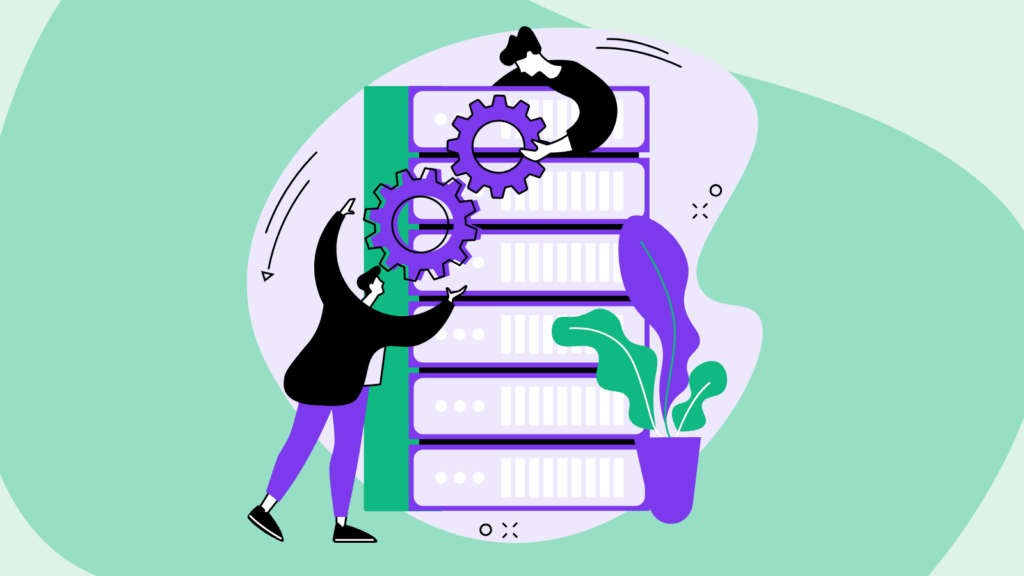 Why Dashboards Fail Modern Event Teams and What AI Agents Change Illustration of two people working with a large server rack. One person on the ground lifts a purple gear toward the servers, while another person at the top adjusts a second gear. A potted plant sits beside the server stack, and abstract shapes fill the background in green and lavender tones.