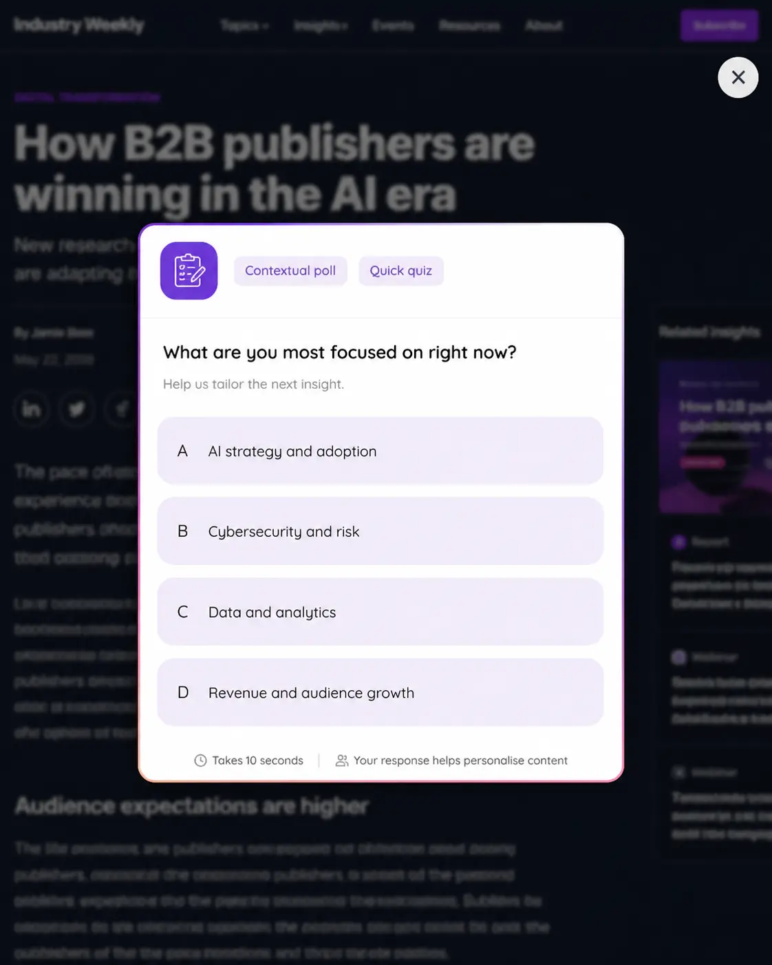 Polling agent capturing reader opinion inside an article